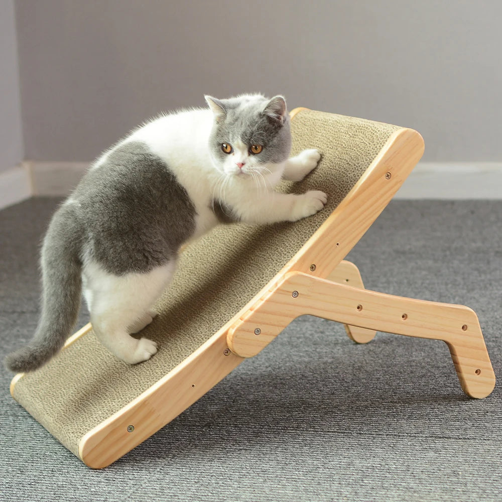 chat gris et blanc en position incliné monter sur un griffoir à chat