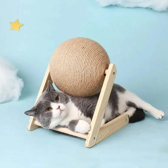 jouets pour les chats avec un chat en dessous de boule en sisal