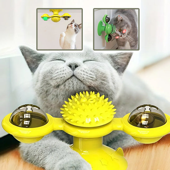 jouets pour les chats jaune et vert avec un chat gratte et fait du massage